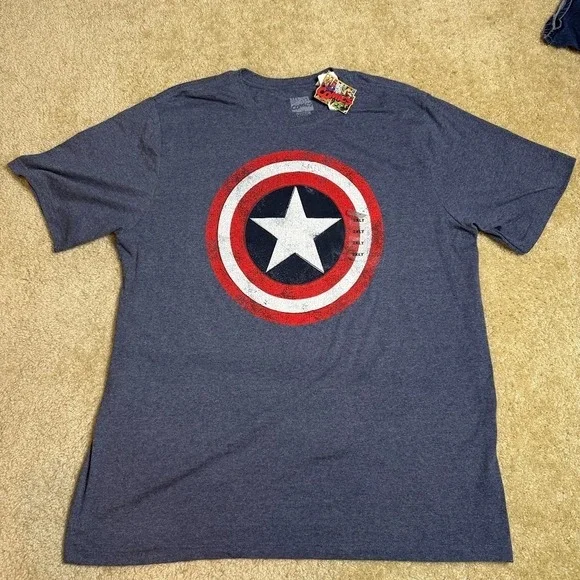 Marvel Comics Mens Blue Captain America Shield Logo Short Sleeve T-Shirt Sz 2XLT - Picture 1 of 7
